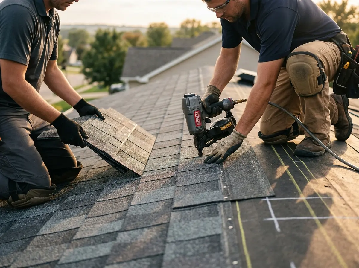 Professional roofer working on a residential roof in Layhill